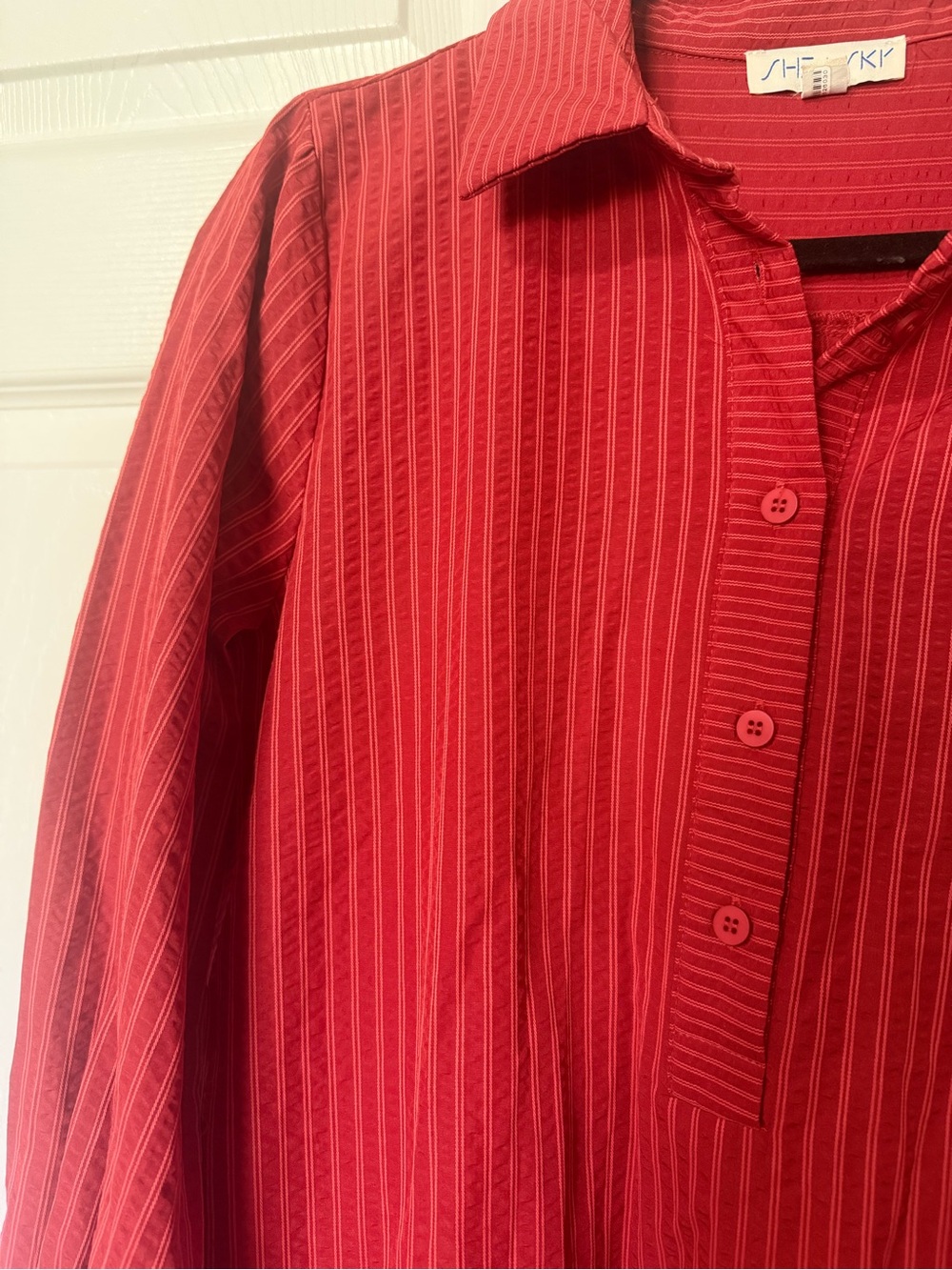 She + Sky Cotton Blend Rust Orange Textured Long Sleeve Shirt Dress- S - Picture 3 of 7